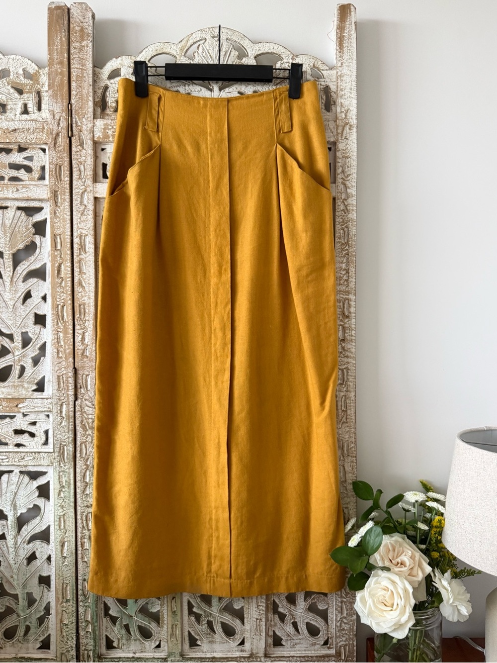 VINTAGE Mustard Yellow Midi Skirt 28” waist Front Pleat